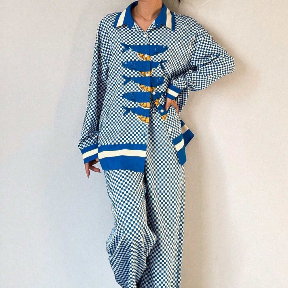 Blue & White Casual Women's Beach Oversized Plaid Long-Sleeved Shirt & Trousers - Picture 3 of 5